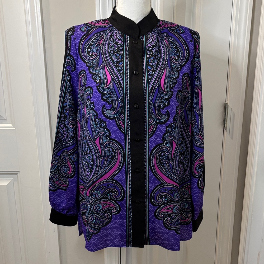 Bob Mackie Purple and Pink Paisley Button-Front Blouse